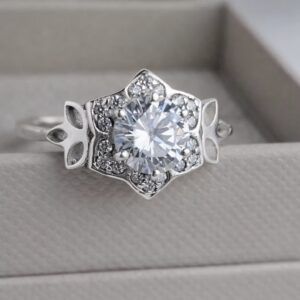 Vintage Floral CZ Ring with fillable leaves in Sterling Silver 925