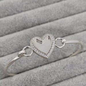 CZ Surrounded Heart Bangle with Hook Clasp in Sterling Silver 925 