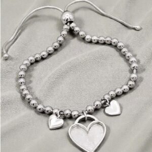Triple Heart Beaded Adjustable Bracelet in Sterling Silver 925