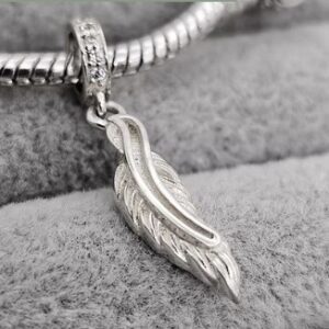 Feather with fill-able channel, Drop Charm with CZ Bail in Sterling Silver 925